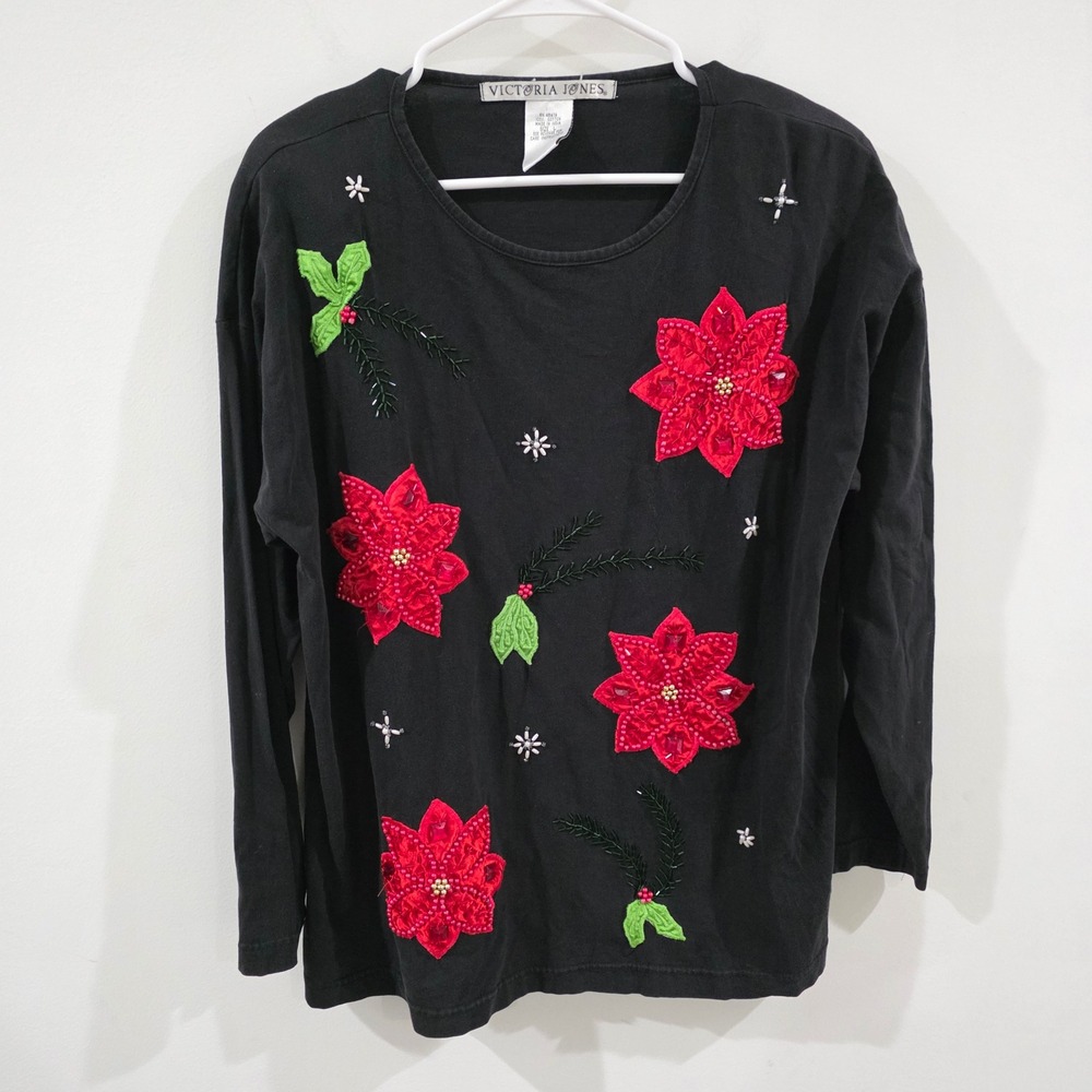 Vintage Womens Ugly Christmas Top Size Large Poinsettia Beaded Holiday